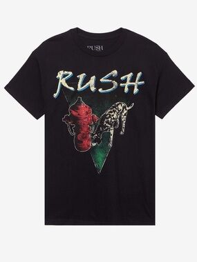 Hot Topic Black RUSH Graphic Tee with Red, Blue and Green Print Unisex